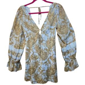 Urban Outfitters Blue Paisley Lace Trim V-Neck Mini Dress Long Sleeve XS TP